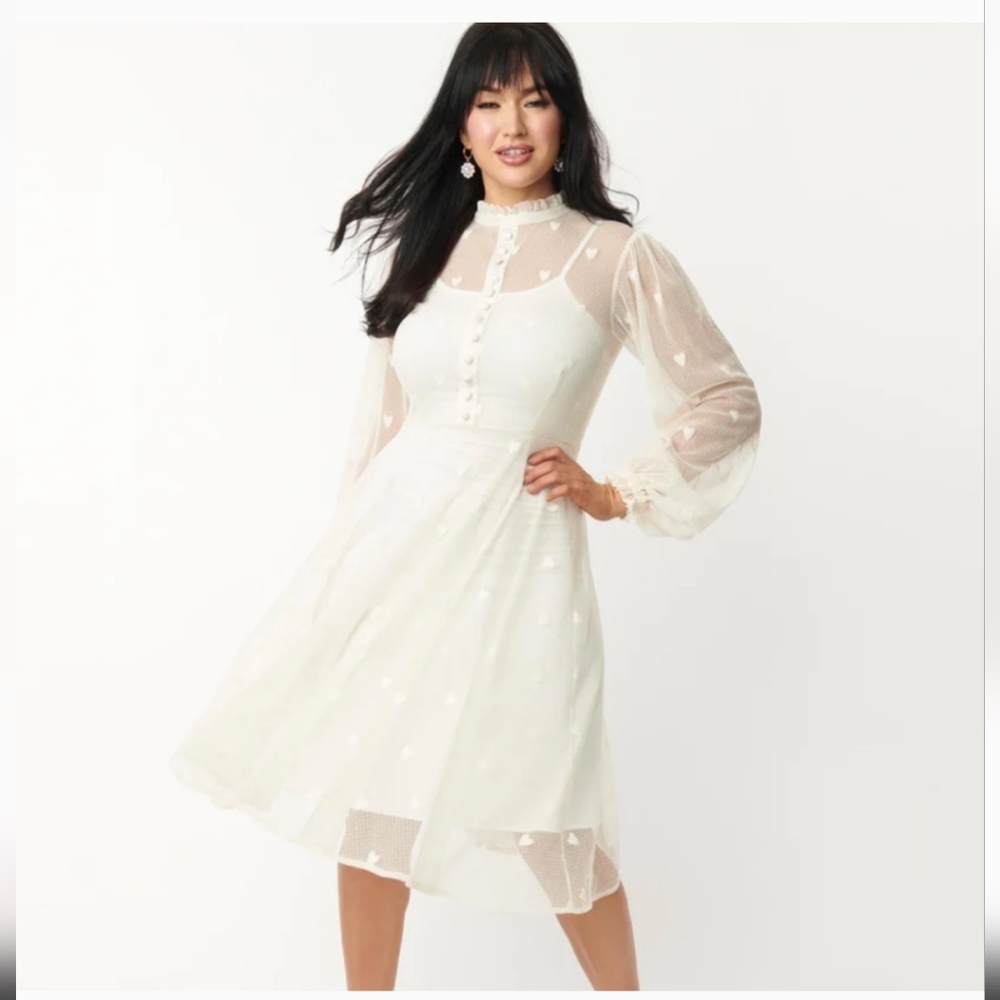 L Unique Vintage Ivory Heart Mesh Leota Swing Dress for Valentine's Day